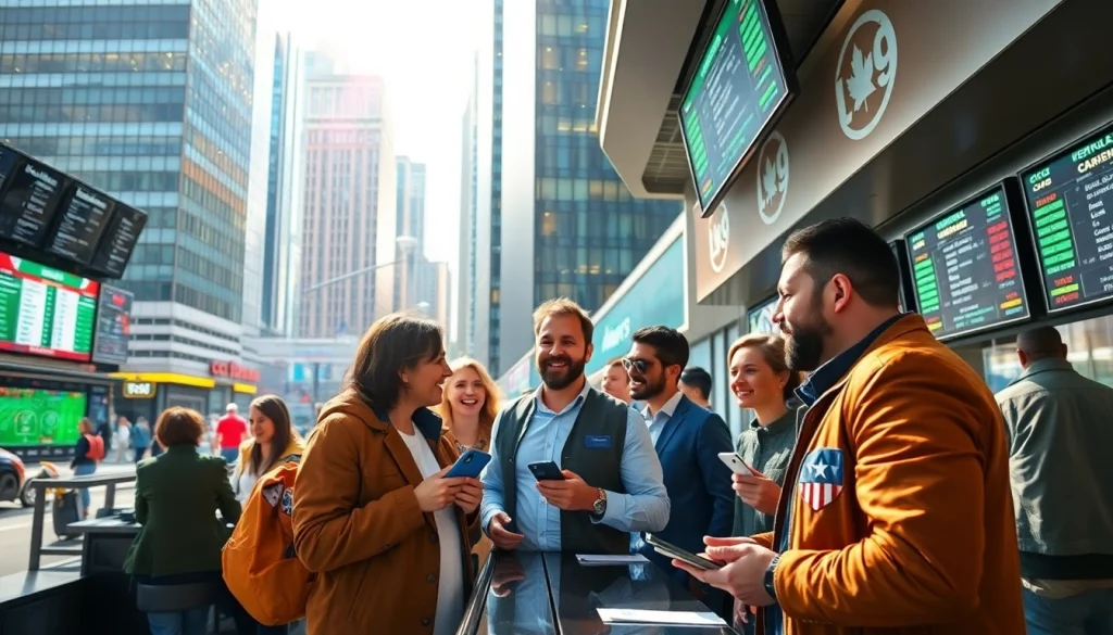Engaged bettors exploring sportsbooks in Canada amidst an urban backdrop.