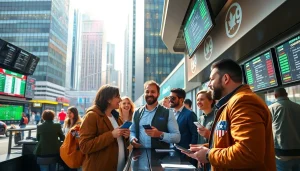Engaged bettors exploring sportsbooks in Canada amidst an urban backdrop.