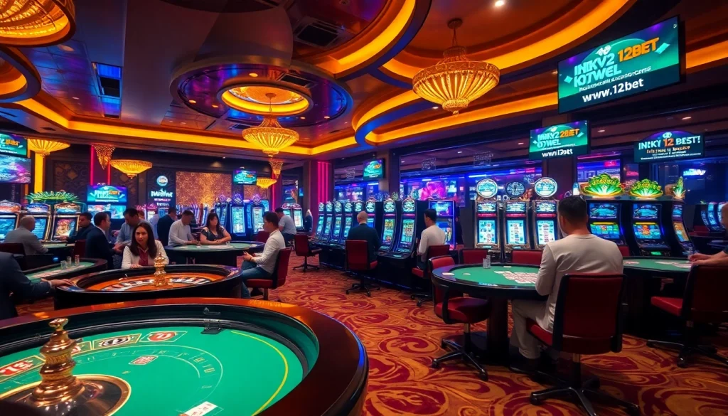 Engaging scene of players enjoying games at a casino, highlighting ink vao 12bet betting excitement.