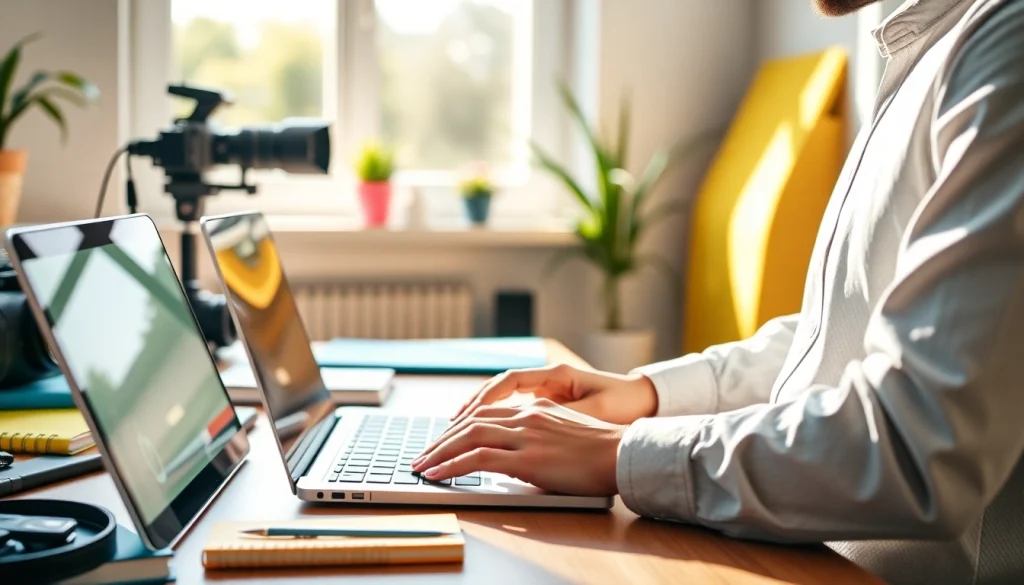 Content creator discovering how to get paid for content creation fast in a vibrant home office environment.