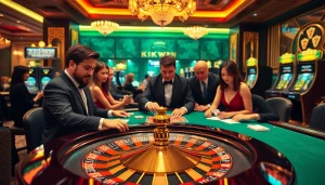 KKWIN 03 players placing bets at a glamorous casino table with poker chips and cards.