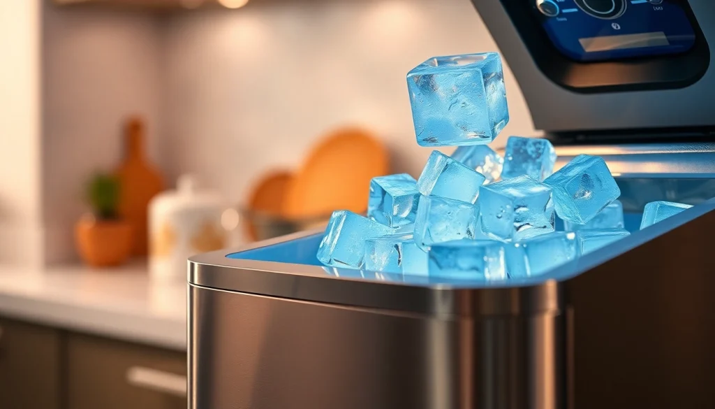 Dispensing ice maker with freshly made ice cubes in a modern kitchen.