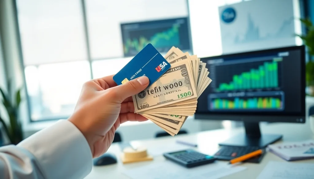 카드현금화 과정을 보여주는 현금과 신용카드가 있는 사무실 환경