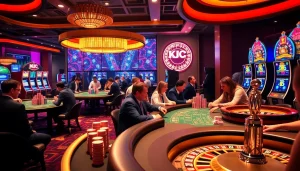 KJC branded casino scene showcasing intense gameplay with players at tables and spinning roulette wheel.