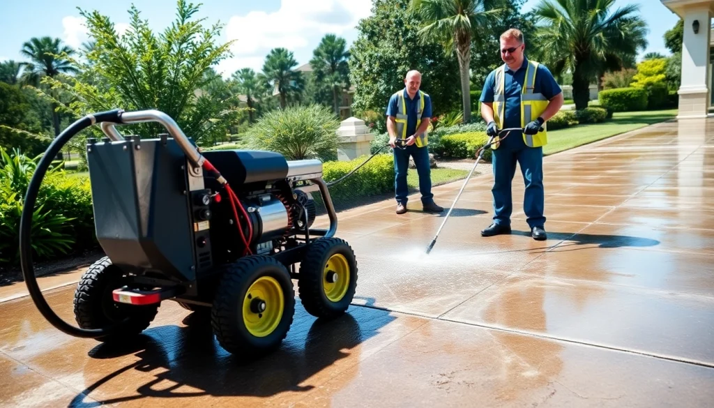 Concrete cleaning in Kissimmee, showing professionals pressure washing a driveway.