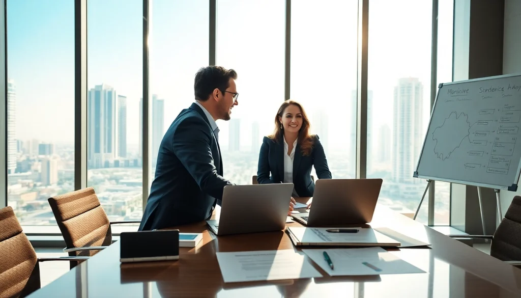 Business Consultants in Dubai facilitating a meeting in a modern office with city views.