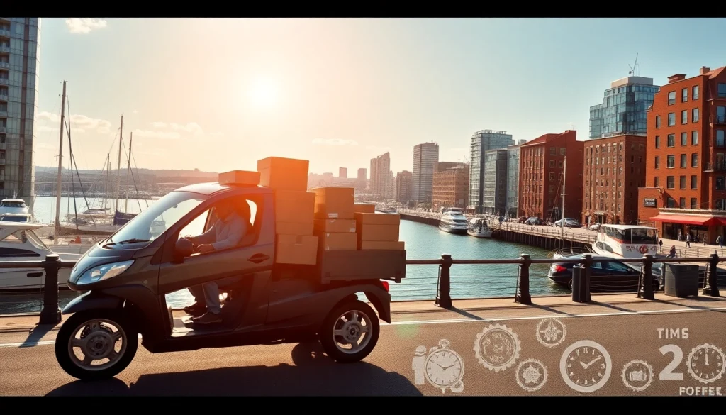 Experience coastal delivery halifax canada with a modern delivery van in a busy urban scene.