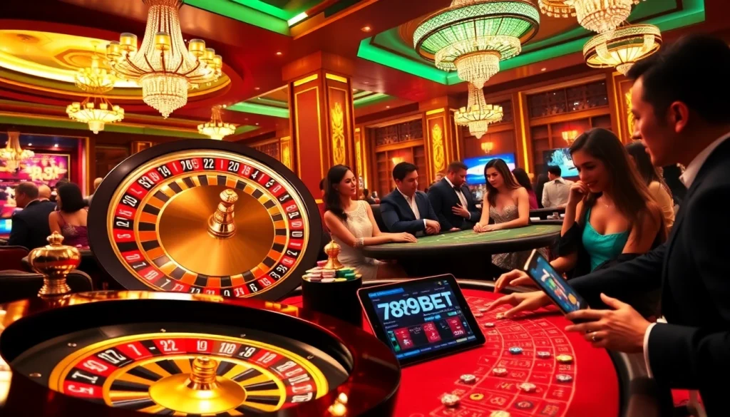 Experience the thrill of gambling at 789BET with casino tables and vibrant gaming elements.