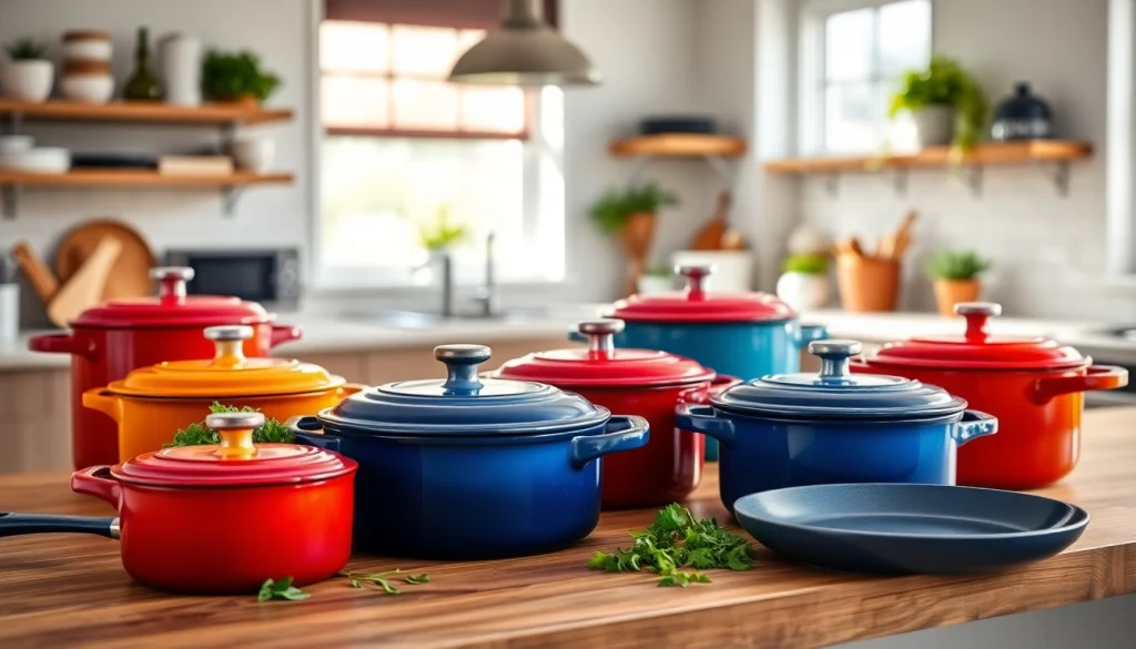 Find where to buy Le Creuset in NZ with vivid cookware displayed in a modern kitchen.