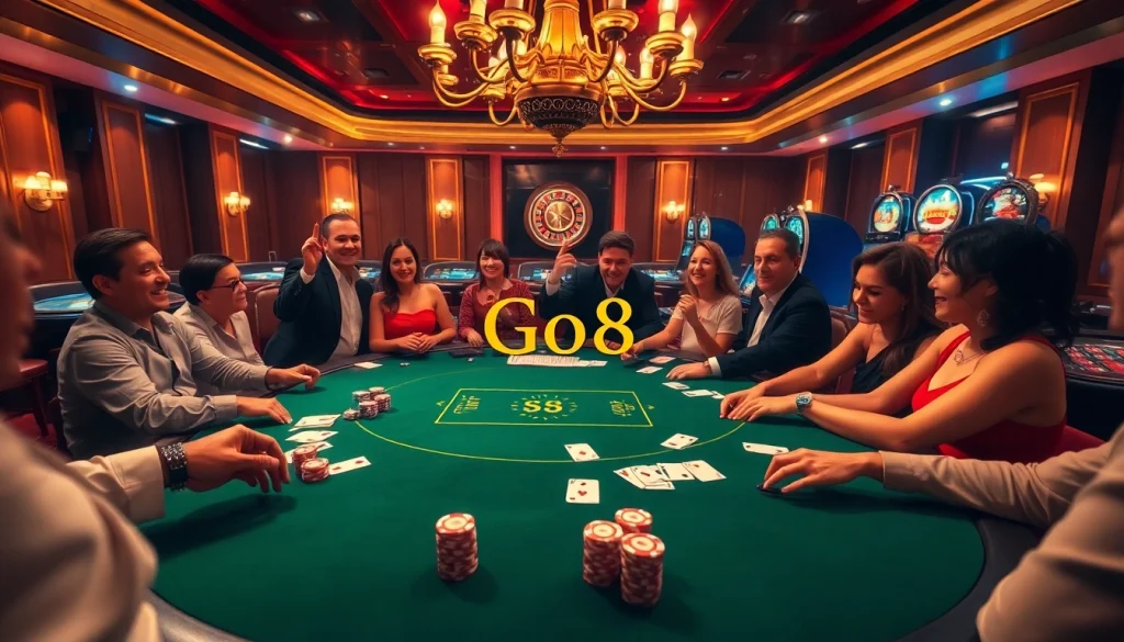 Players enjoying high-stakes poker at Go8 casino with vibrant atmosphere and luxury decor.