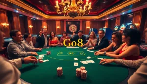 Players enjoying high-stakes poker at Go8 casino with vibrant atmosphere and luxury decor.