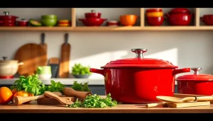 Find where to buy Le Creuset in NZ with vibrant cookware in a stylish kitchen setting.