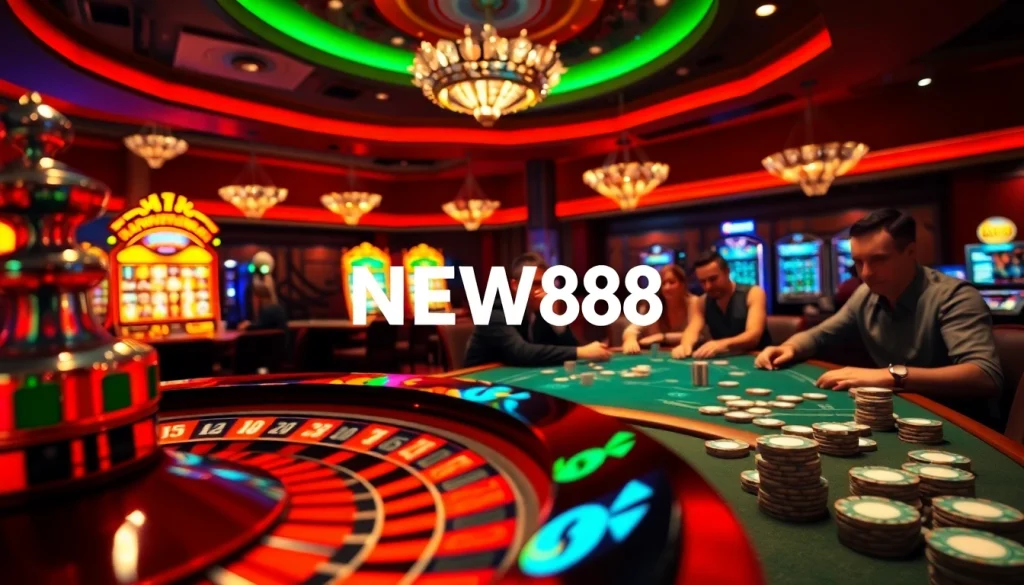 Players enjoy thrilling games at NEW88's vibrant casino with roulette and poker, showcasing excitement.