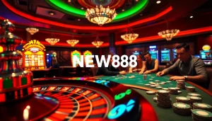 Players enjoy thrilling games at NEW88's vibrant casino with roulette and poker, showcasing excitement.