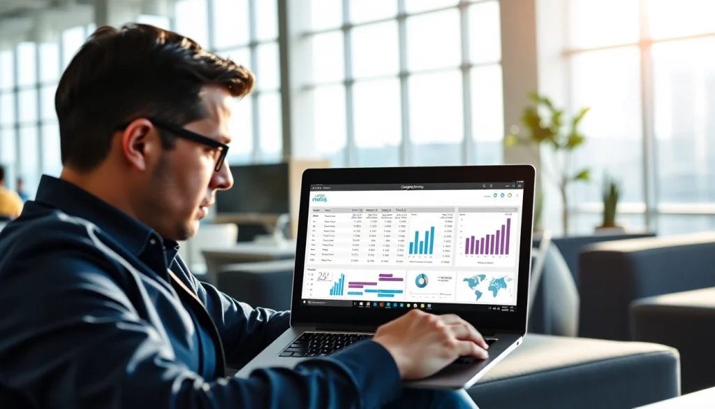 Analyze competitor pricing on a laptop in a modern office with bright lighting.