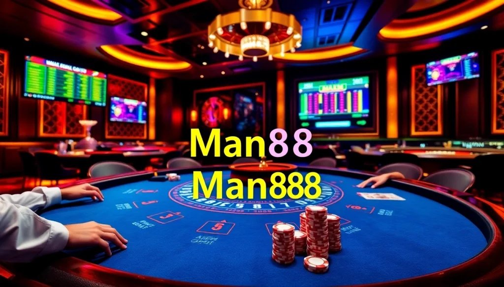 Engage in thrilling blackjack action at Man88’s luxurious casino table amidst vibrant decor.