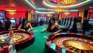Hello88 vina offers an exciting scene with players engaging in high-stakes poker at a luxurious casino.