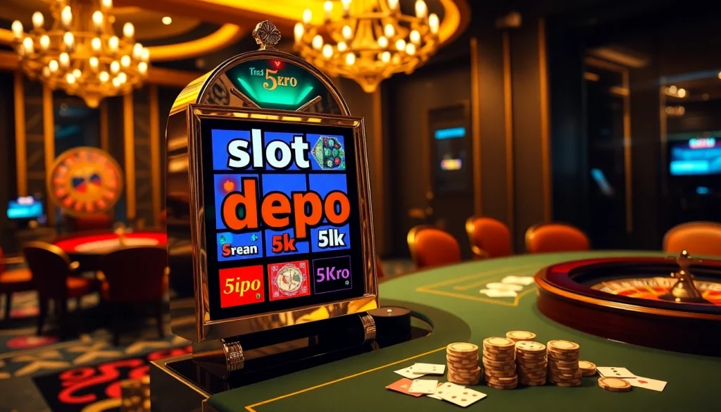 Experience the thrill of slot depo 5rb at a luxurious casino featuring vibrant slot machines and roulette.