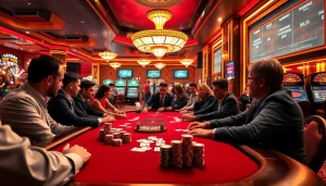 Players enjoy an exciting poker game in a luxurious casino setting related to GK88.