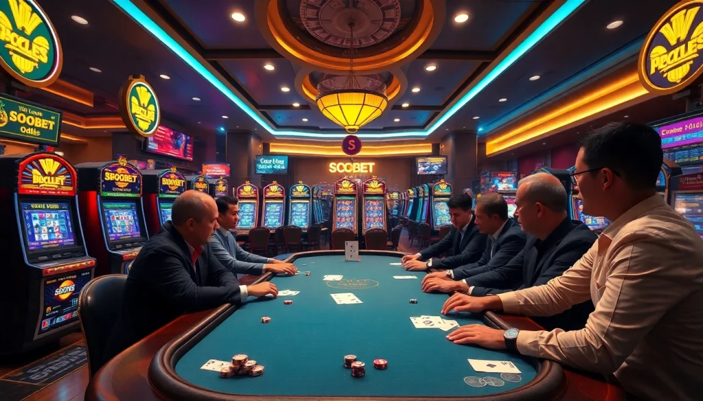 Experience sbobet betting action at a vibrant casino with engaged players and exciting gaming elements.
