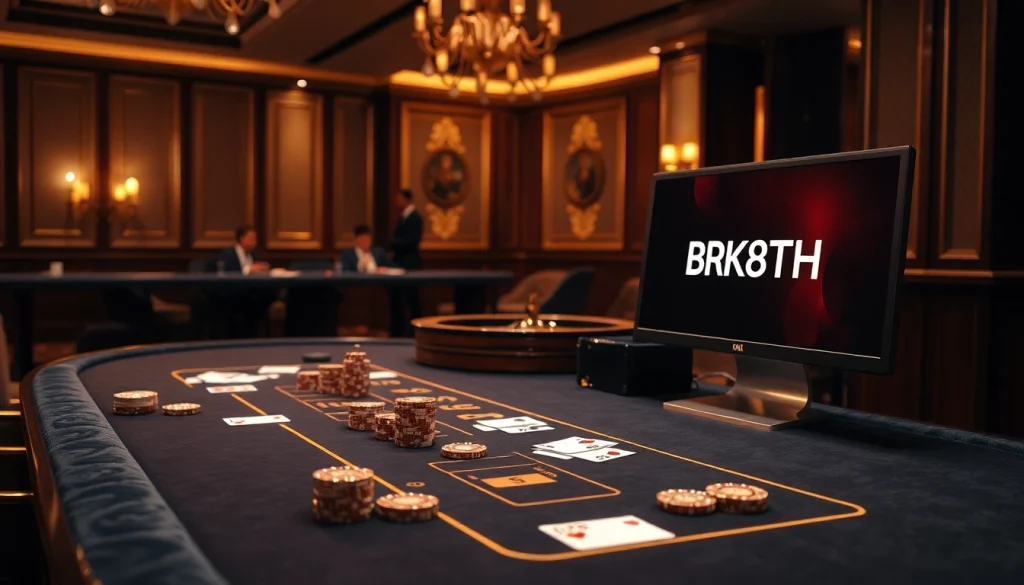 Exciting view of BK8TH gaming table with poker chips and roulette, showcasing luxury and casino thrills.