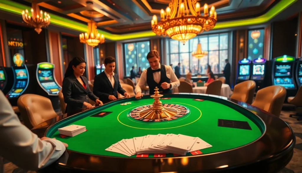Players enjoying a high-stakes game at an elegant MM88 KJC casino.
