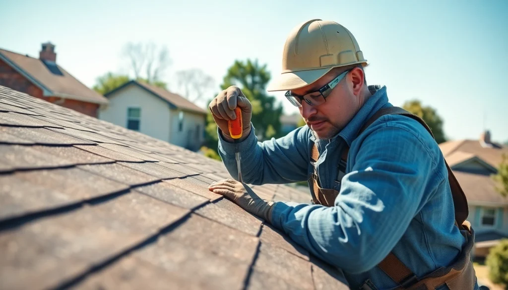 Roof Repair near Oklahoma City: Skilled roofer inspecting a residential roof with tools on a sunny day.