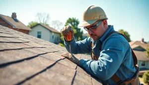 Roof Repair near Oklahoma City: Skilled roofer inspecting a residential roof with tools on a sunny day.