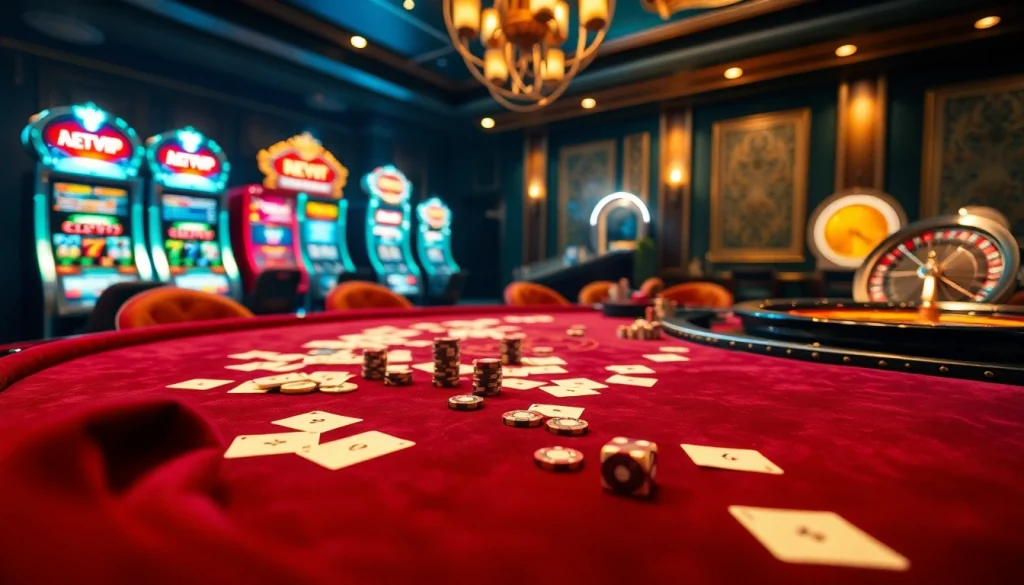 Exciting action in the rikvip game bài đổi thưởng at a luxurious casino table with cards, chips, and dice.