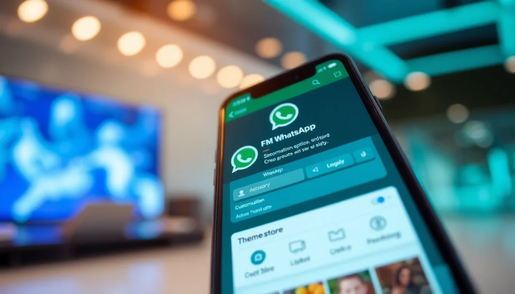 FM WhatsApp download with a smartphone showcasing customization features on a tech-inspired background.