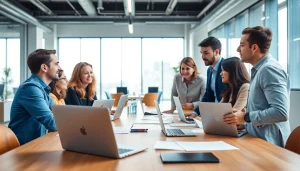 Engaged professionals discussing post sales jobs online in a modern office.