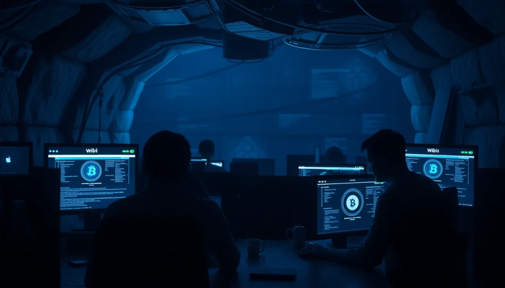 Explore the hidden wiki of the dark web with individuals analyzing data in a dimly lit setting.