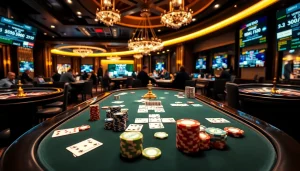 A poker table with real chips displaying the excitement of kèo nhà cái 5 in a stylish casino setting.