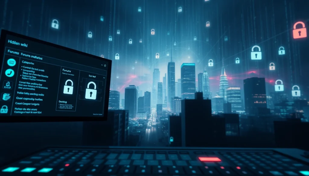 Visual representation of the hidden wiki 2025, showcasing dark web categories and digital encryption.