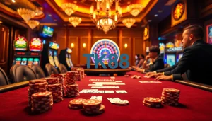 Experience the exciting atmosphere of TK88 at a lavish casino poker table with vibrant chips and cards.