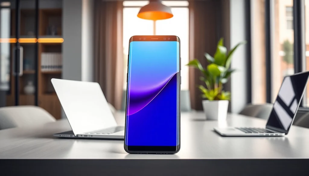 The Samsung Galaxy S8 showcased in a modern office setting, emphasizing its sleek design and vibrant display.