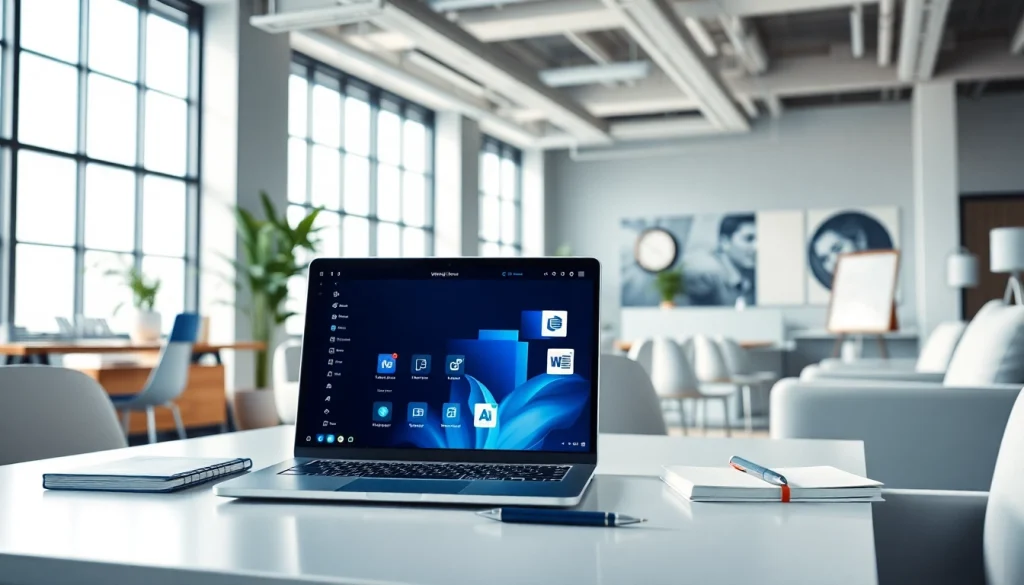 现代化工作区中的 WPS 办公套件，配备时尚笔记本电脑。