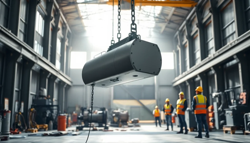 Dynamic scene of an electric chain hoist crane lifting heavy machinery in an industrial factory setting.