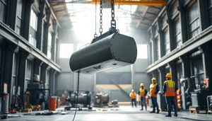 Dynamic scene of an electric chain hoist crane lifting heavy machinery in an industrial factory setting.