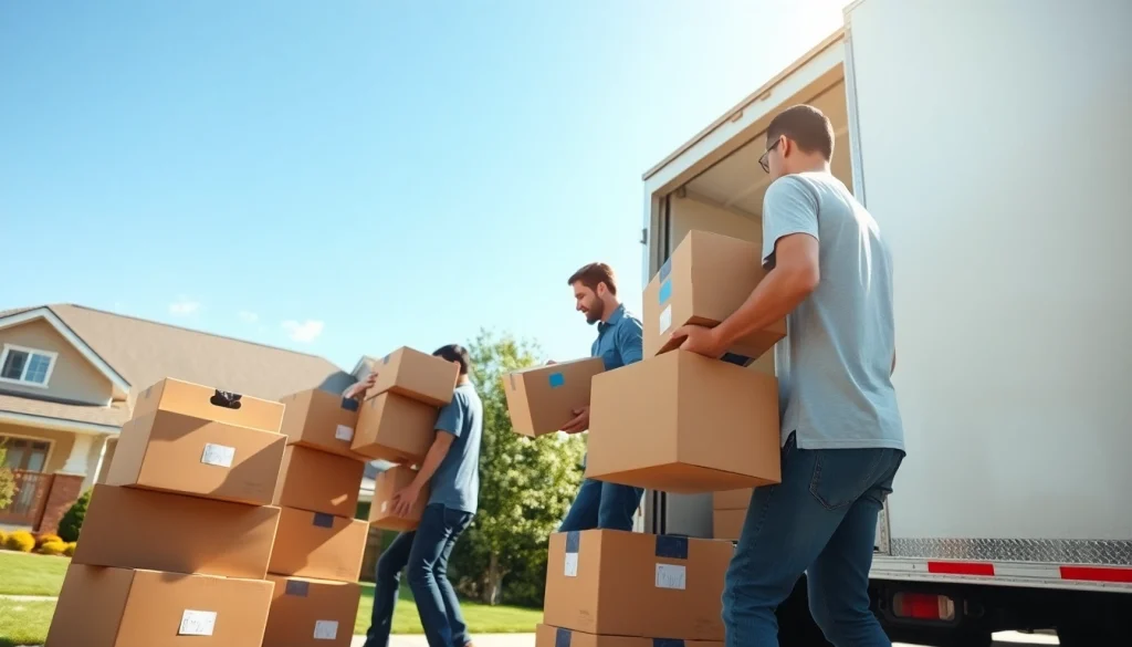 Moving professionals efficiently packing boxes into a truck in a sunny neighborhood.