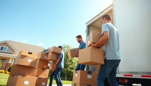 Moving professionals efficiently packing boxes into a truck in a sunny neighborhood.