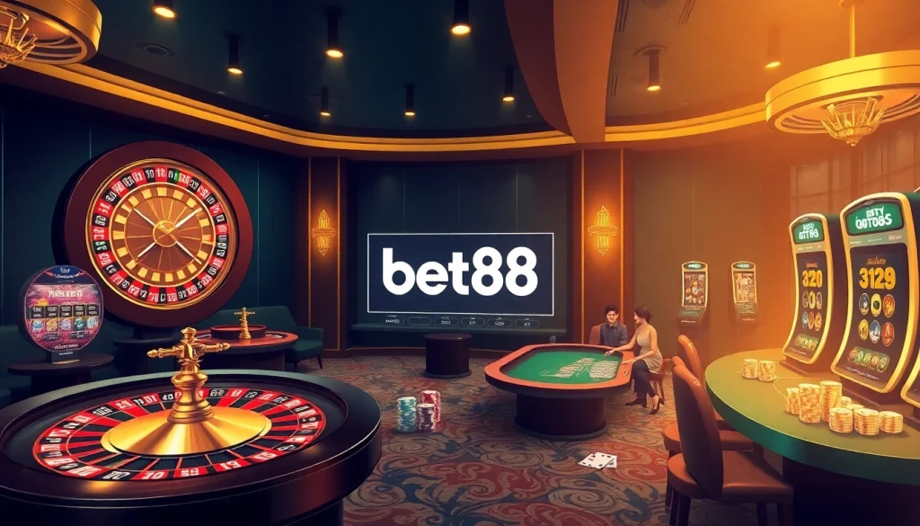Experience the thrill of Bet88 đăng nhập with vibrant casino tables, poker chips, and a glowing roulette wheel.