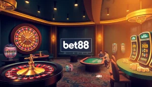 Experience the thrill of Bet88 đăng nhập with vibrant casino tables, poker chips, and a glowing roulette wheel.