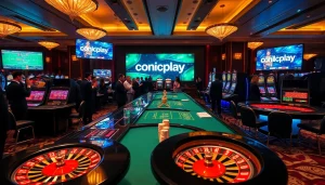 Experience onicplay excitement with luxurious casino visuals showcasing vibrant slot machines and roulette tables.