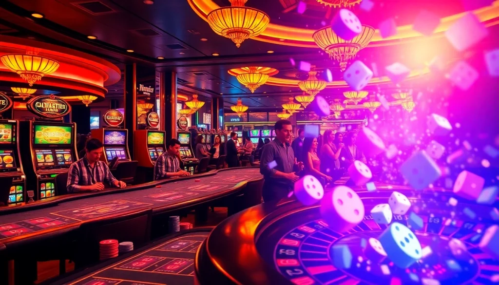 Players enjoying vibrant games at the b52club casino, surrounded by poker and slot machines.