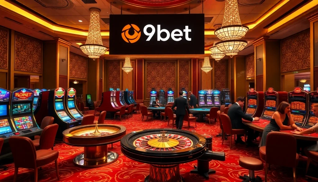 Action-packed scene at i9bet casino with poker players, roulette table, and colorful slot machines.