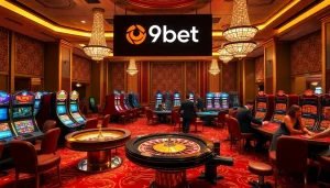Action-packed scene at i9bet casino with poker players, roulette table, and colorful slot machines.