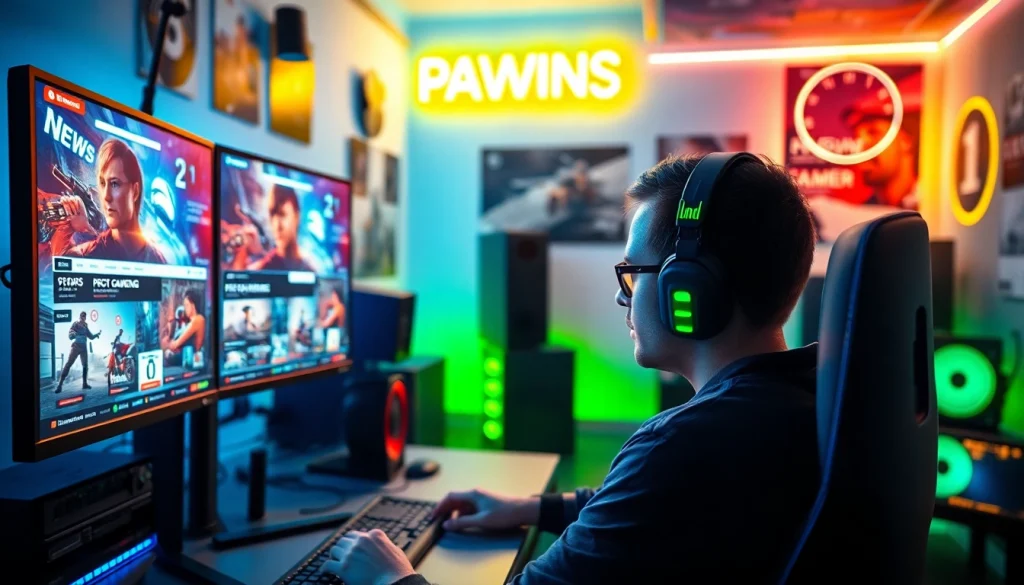 Engaging display of PC gaming news featuring a gamer focused on news articles in a vibrant setup.