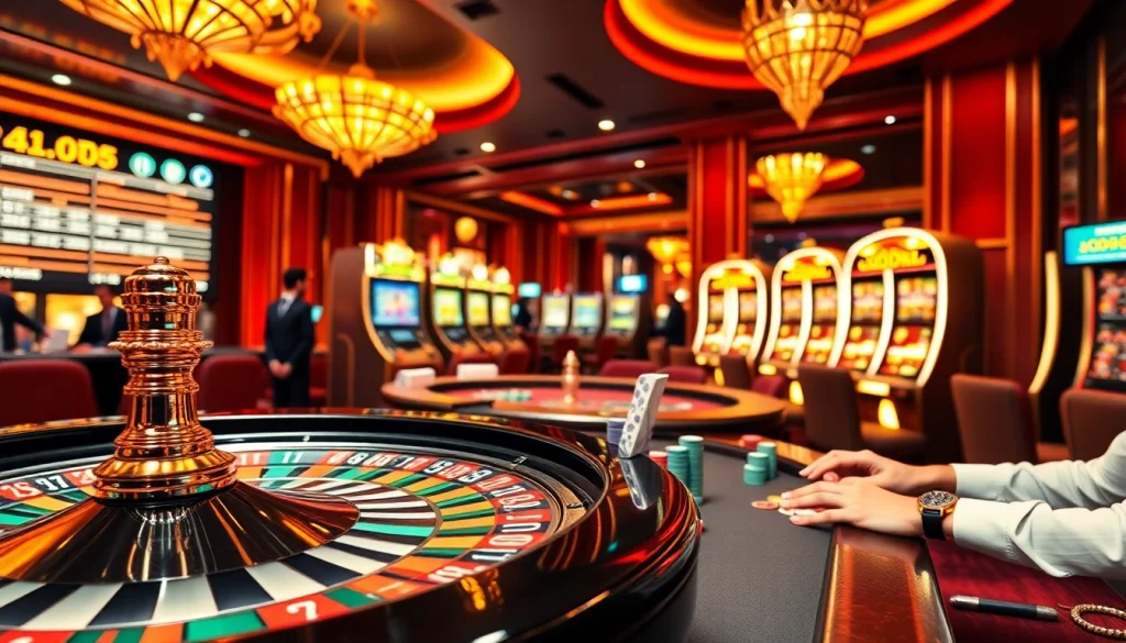 Sbobet online gamblers engaging in a vibrant casino atmosphere with roulette, poker chips, and betting slips.
