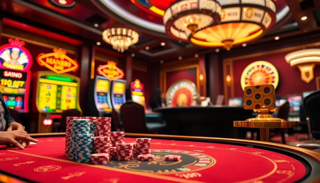 Man88 players engaging at a vibrant casino table with poker chips and cards.